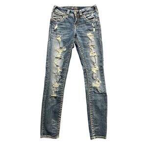 Silver Jeans Co Suki Skinny Jeans Womens M Wash Distressed Thick Stitch Denim